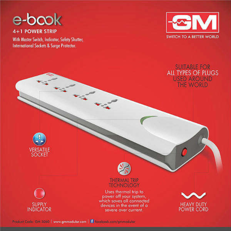 Buy GM E Book 10 Amps 4 Sockets Spike Guard (2 Meters, Safety Shutter